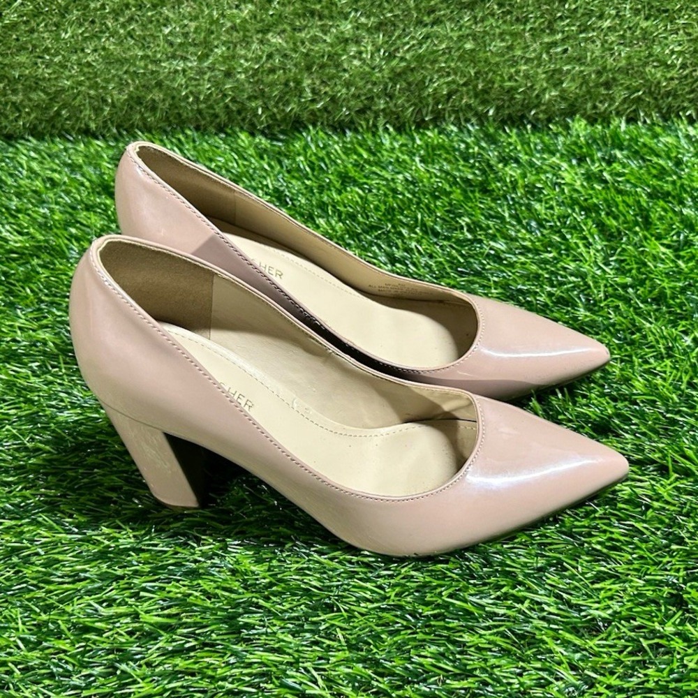 Marc Fisher Womens Beige Man Made Pump Pointed Toe Block Heel Slip-On 8M